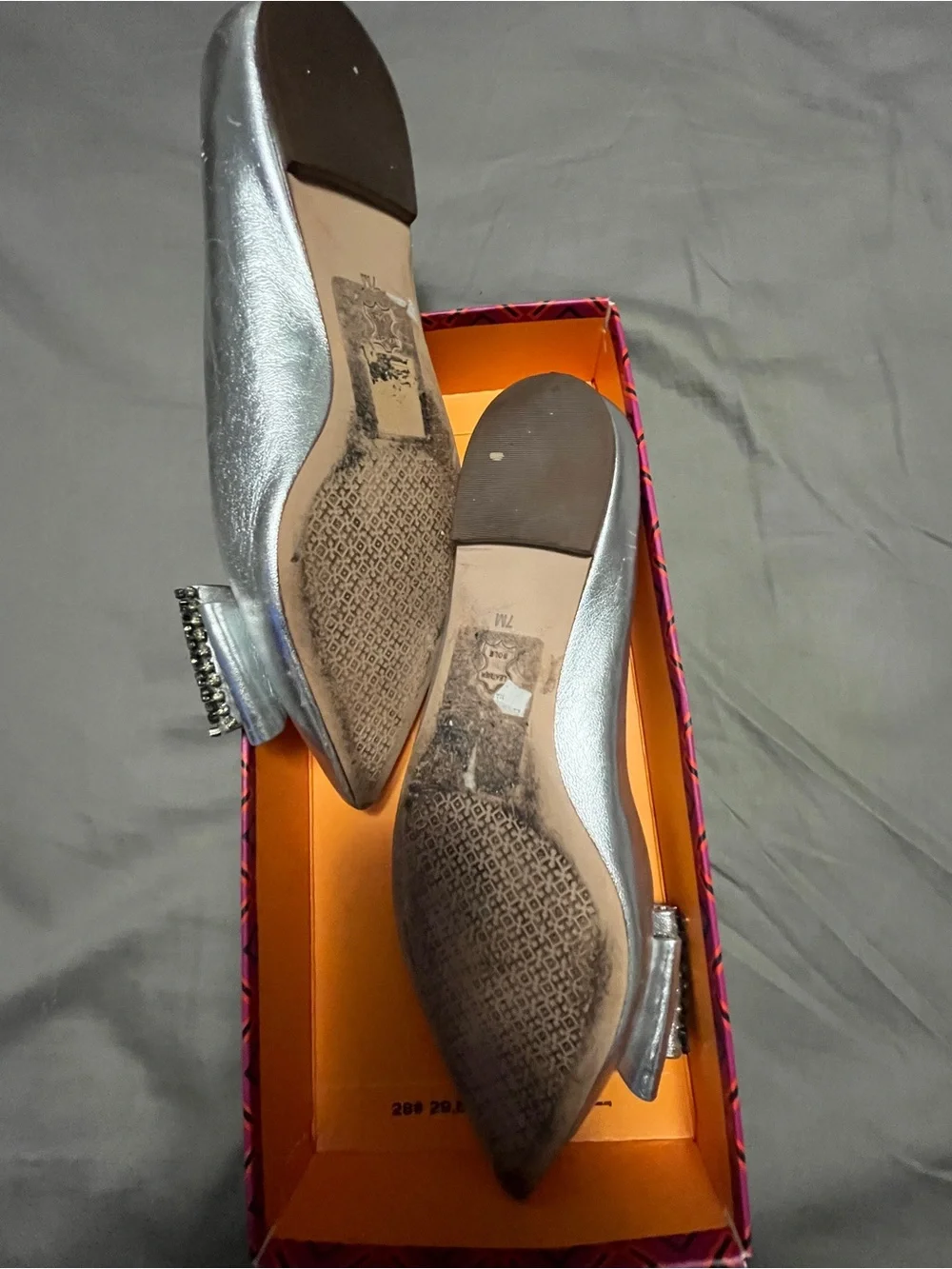Tory Burch Metallic Silver Pointed Toe Bow Flats with Crystal Bow